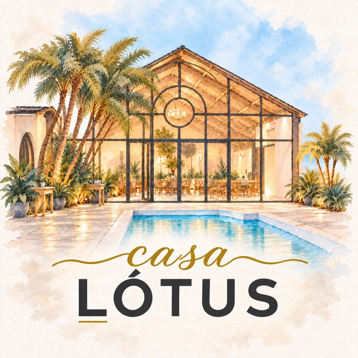 Identidade visual da Casa Lótus: fachada ilustrada em aquarela com o nome da casa